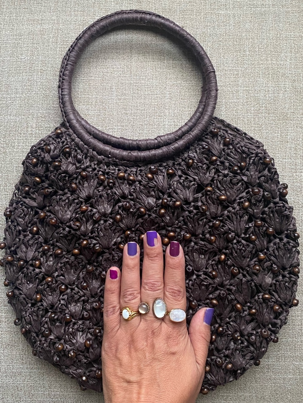Vintage 90s Ring Handle Brown Beaded Raffia Woven Bag Boho Summer Feminine Loft